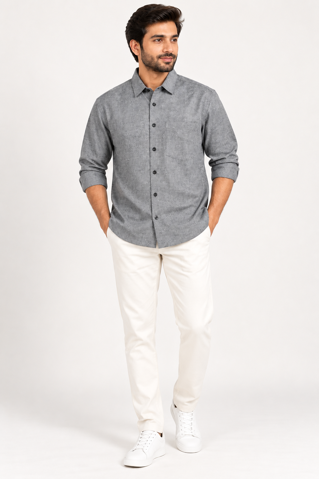 Men's Premium Grey Textured Full-Sleeve Cotton Shirt