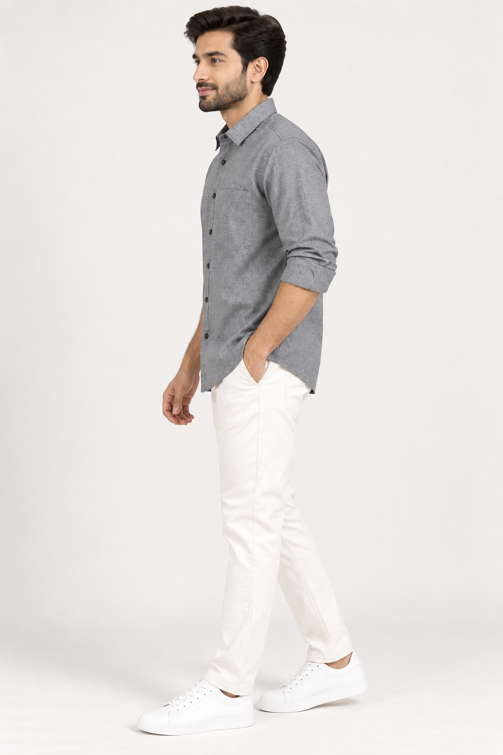 Men's Premium Grey Textured Full-Sleeve Cotton Shirt