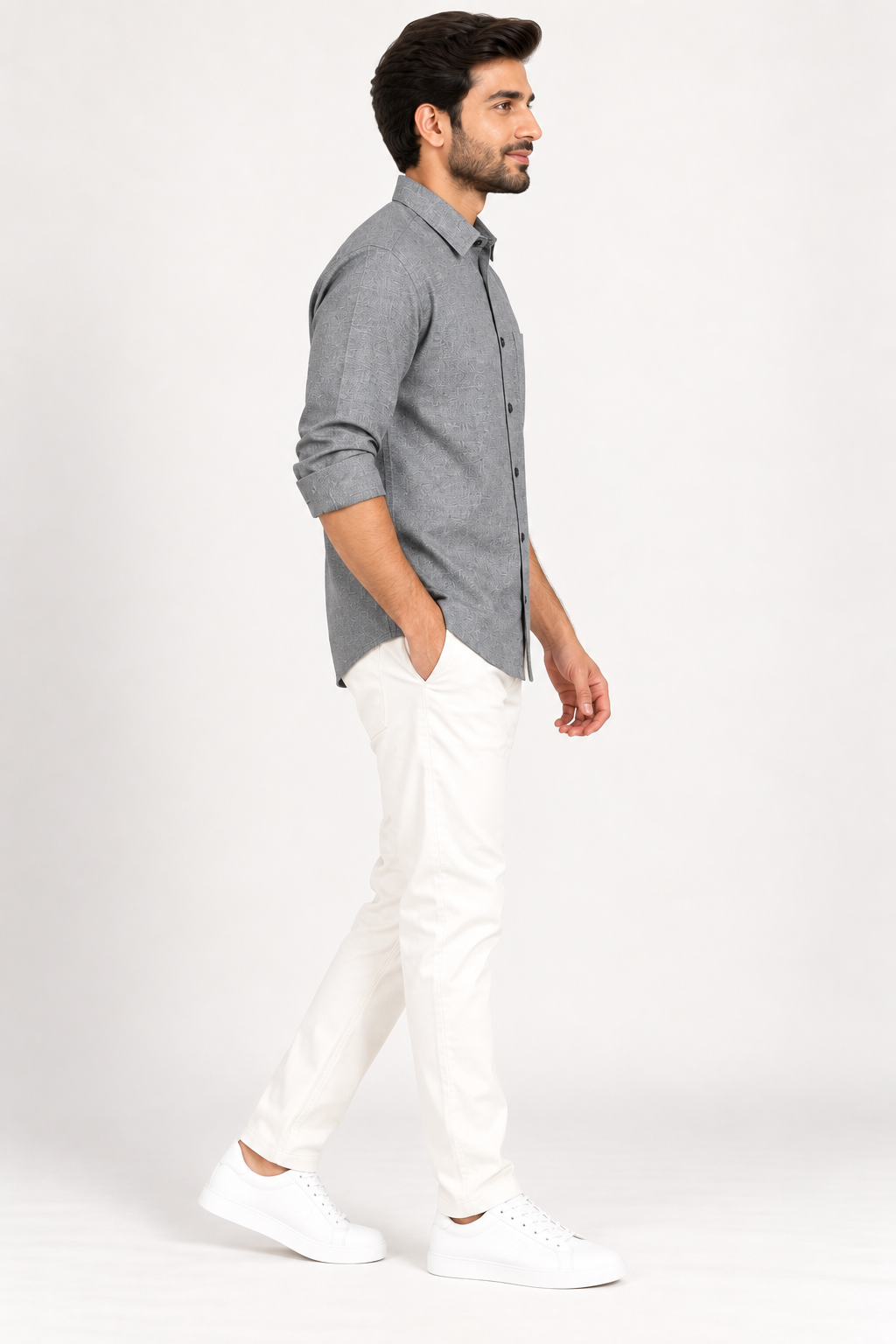 Men's Premium Grey Textured Full-Sleeve Cotton Shirt
