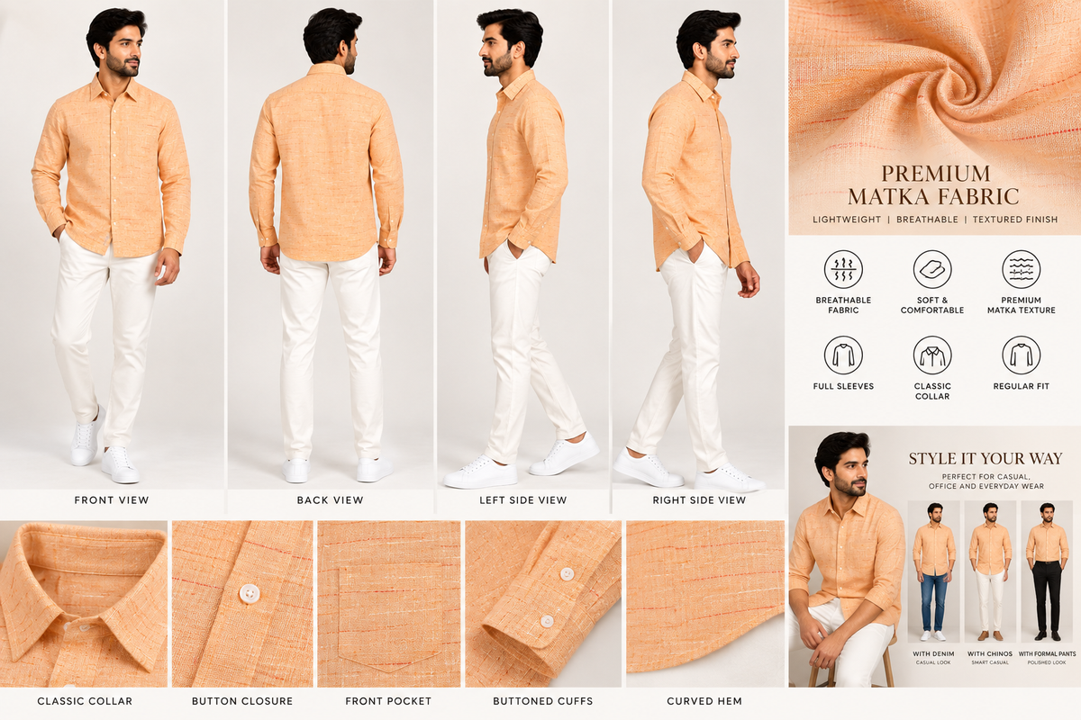 Men's Premium Peach Matka Textured Full-Sleeve Shirt