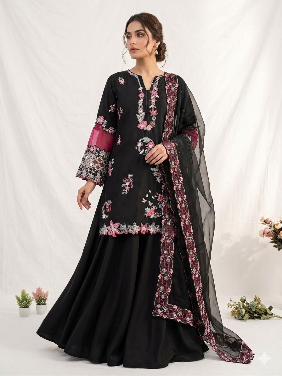 EMBROIDERED WITH CUT WORKED TOP , PLAZZO WITH DUPATTA