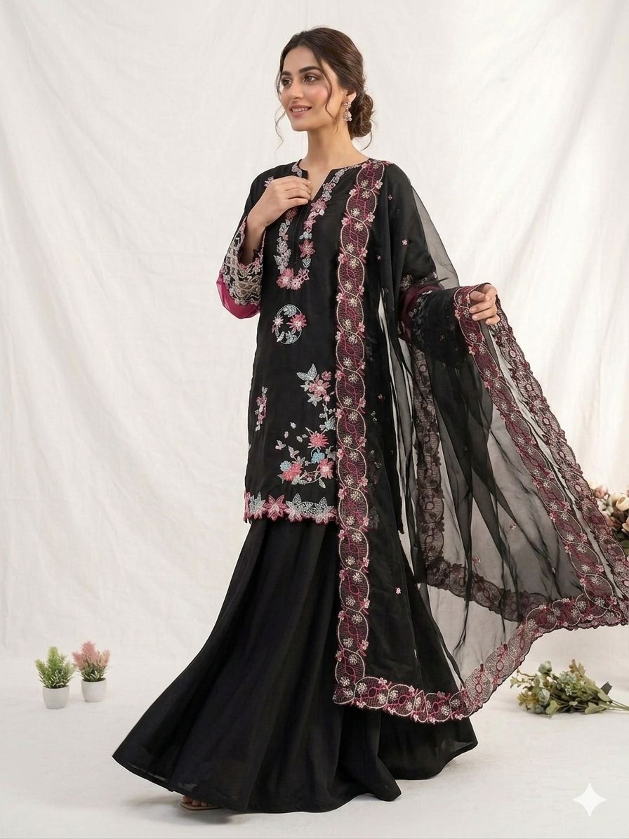 EMBROIDERED WITH CUT WORKED TOP , PLAZZO WITH DUPATTA