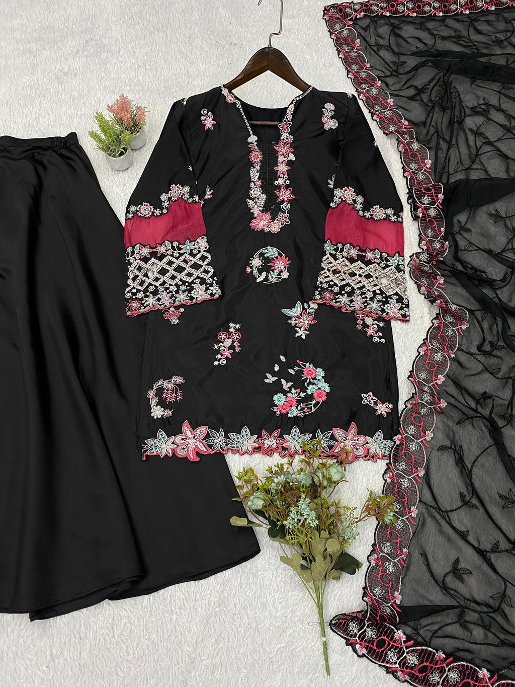 EMBROIDERED WITH CUT WORKED TOP , PLAZZO WITH DUPATTA
