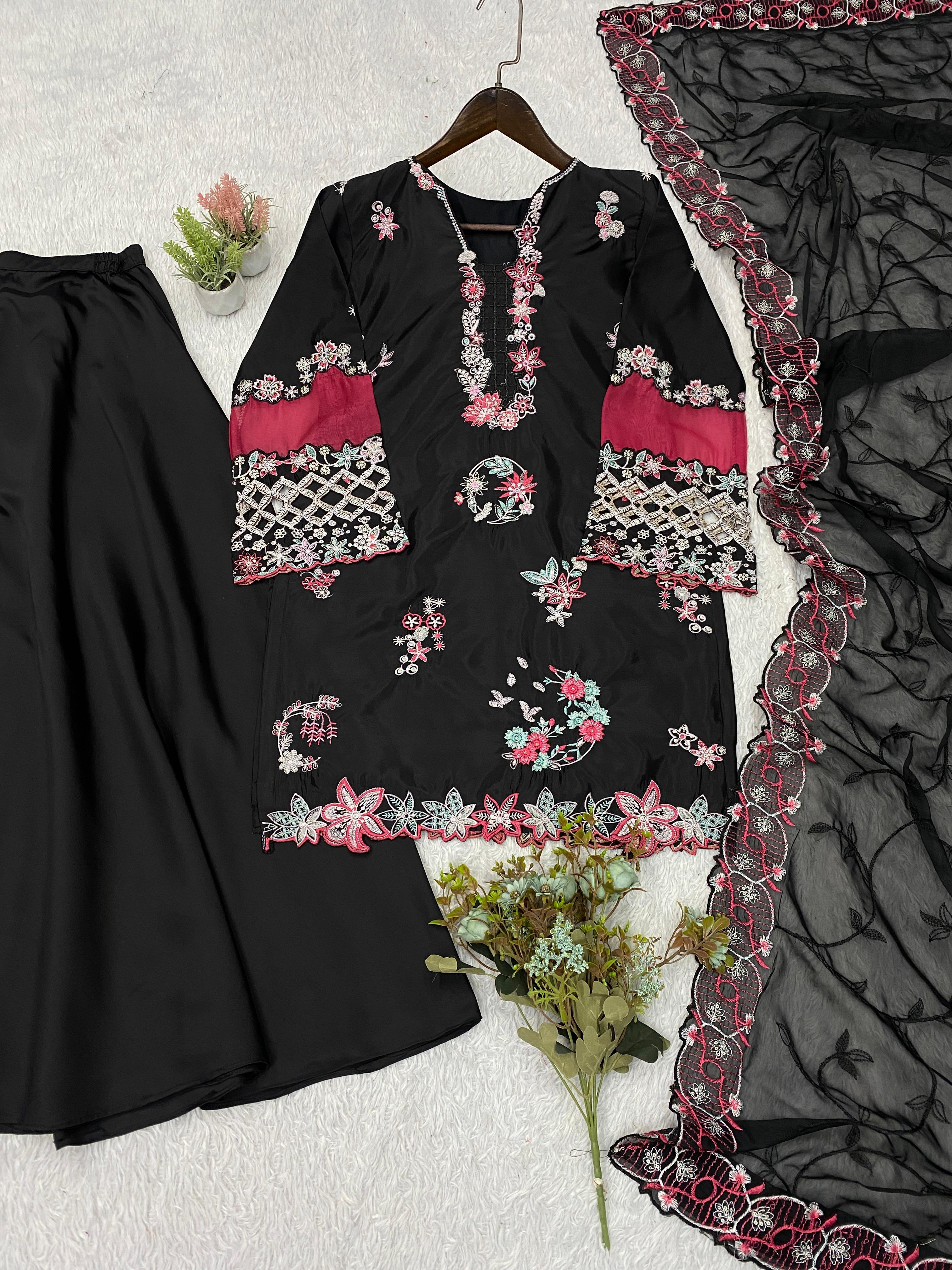 EMBROIDERED WITH CUT WORKED TOP , PLAZZO WITH DUPATTA