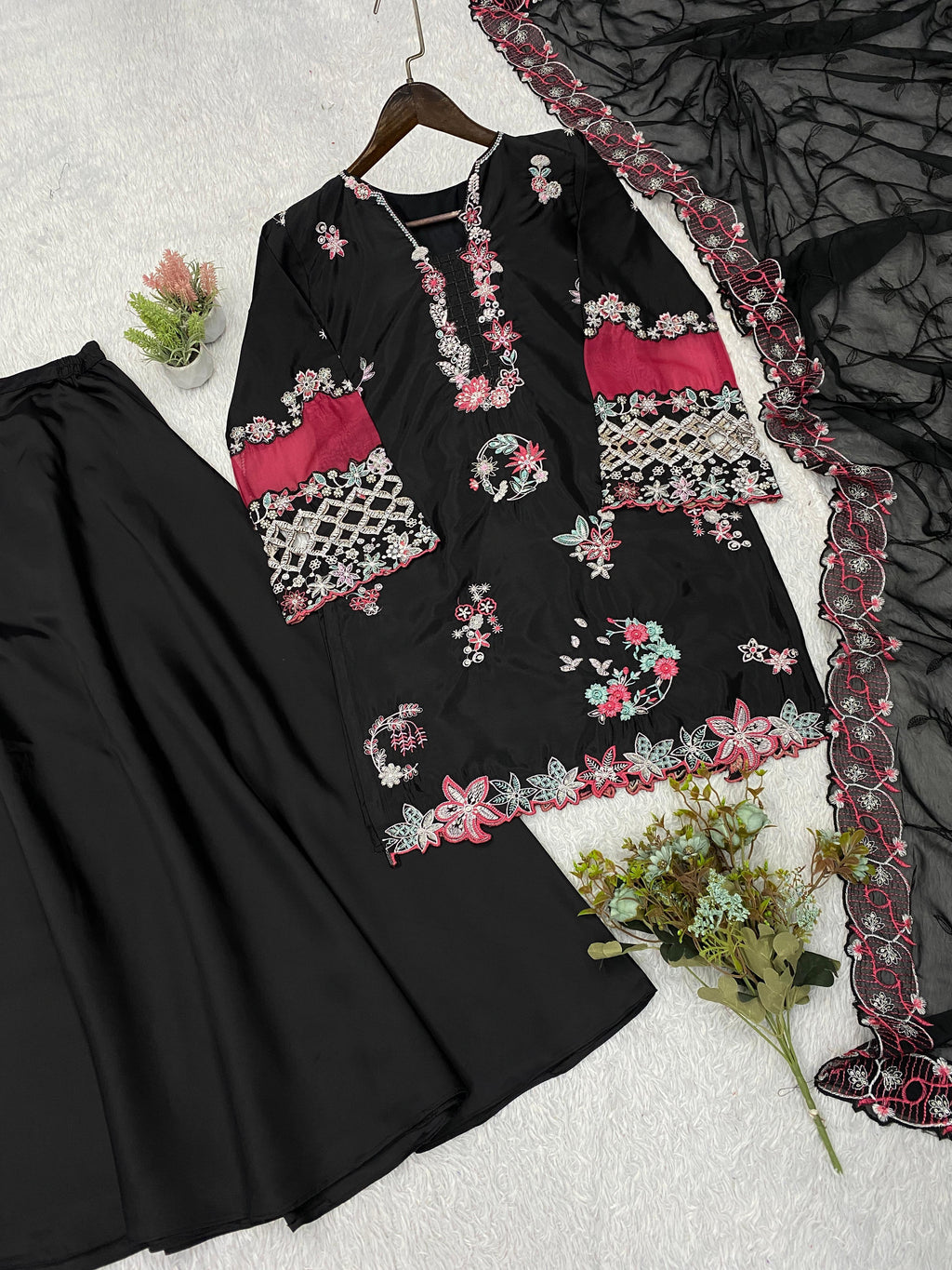 EMBROIDERED WITH CUT WORKED TOP , PLAZZO WITH DUPATTA