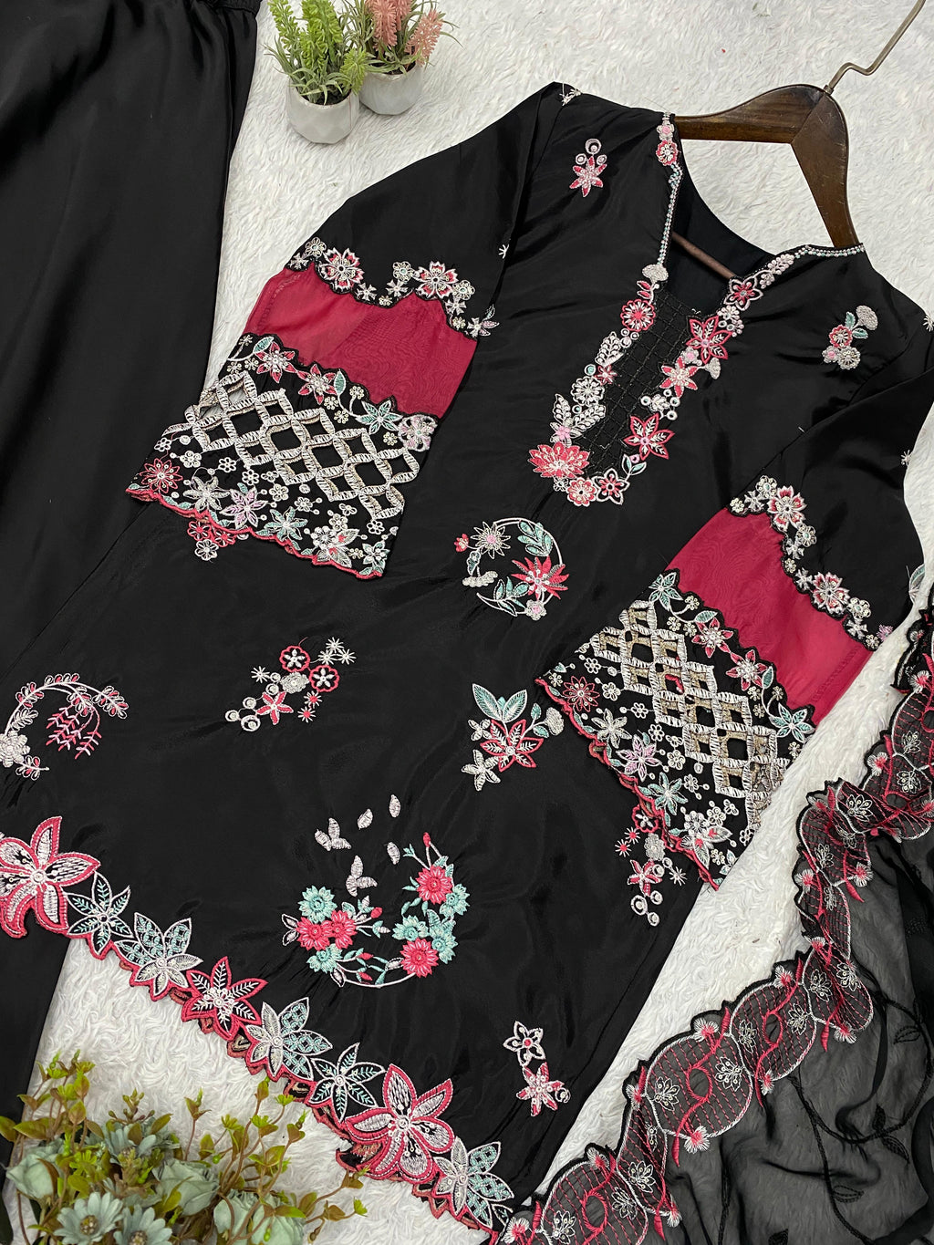 EMBROIDERED WITH CUT WORKED TOP , PLAZZO WITH DUPATTA