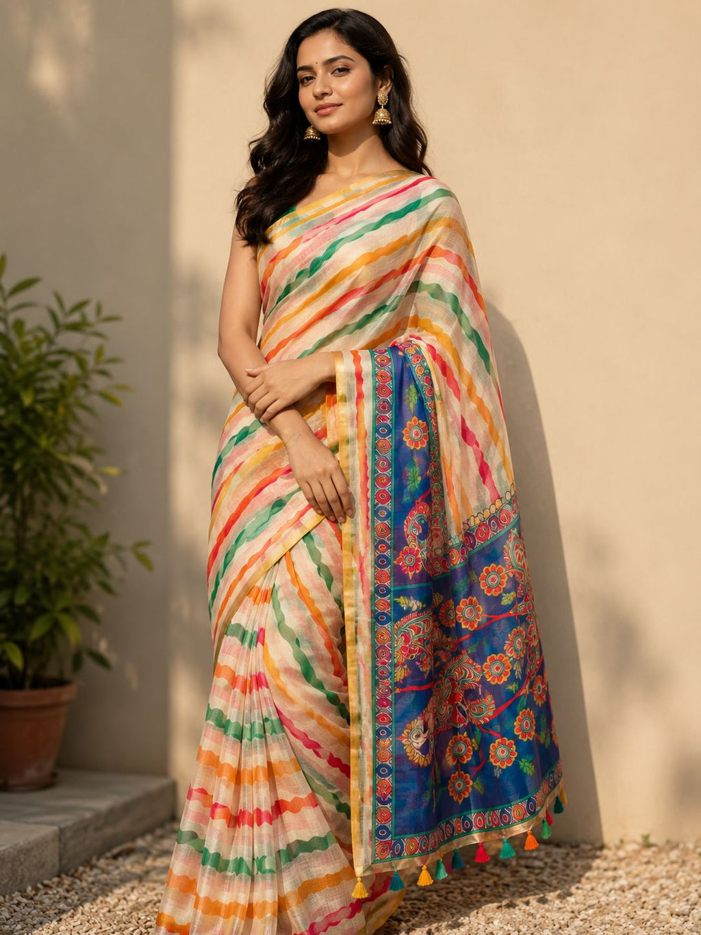 Lehariya Linen Print Saree