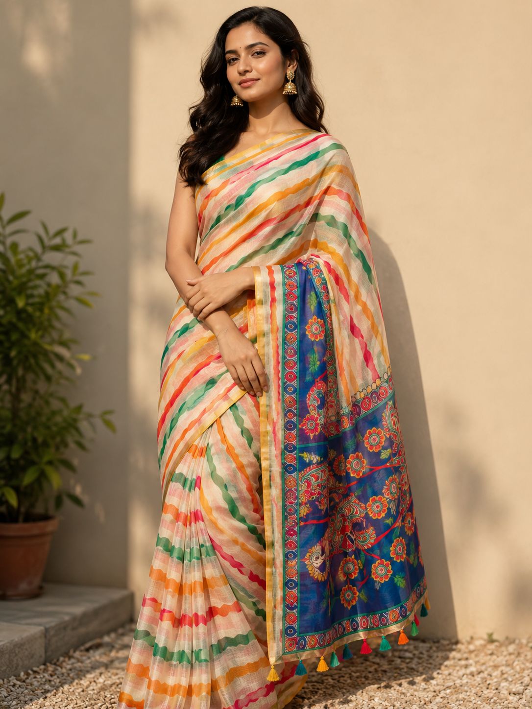 Lehariya Linen Print Saree