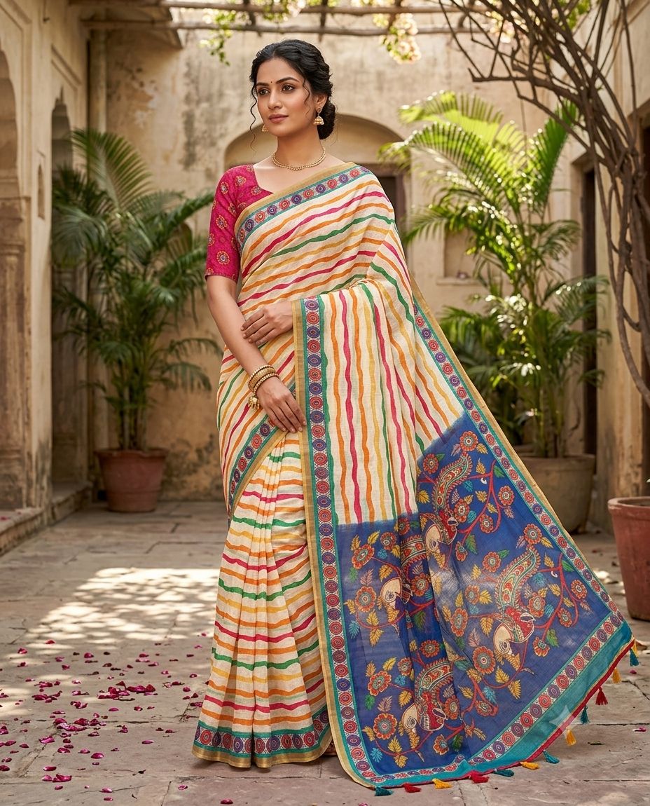 Lehariya Linen Print Saree